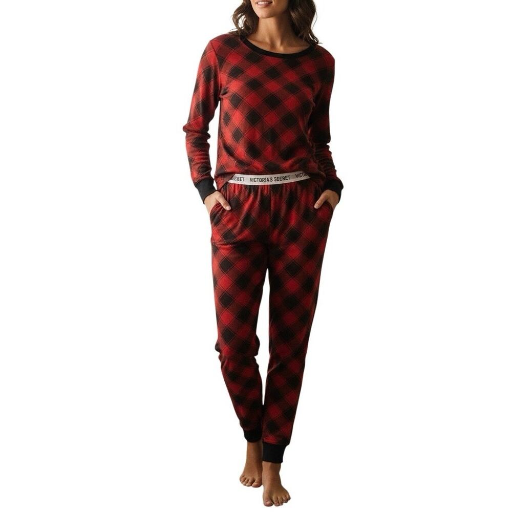 Victoria’s Secret Red Black Plaid Pajama Set XL Long Sleeve Top & Pants